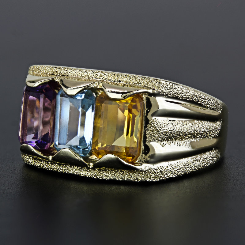 14k Yellow Gold Emerald-cut Amethyst + Blue Topaz + Citrine Ring Band - A&V  Pawn