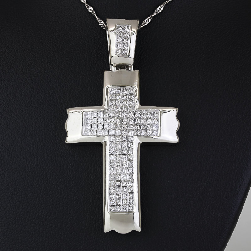 14k White Gold Princess-cut Diamond Religious Christian Cross