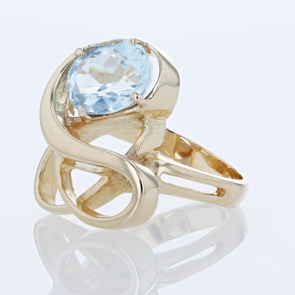 14K Gold Solitaire Swiss Blue Topaz Anniversary Cocktail Statement Swirl Ring - Image 2