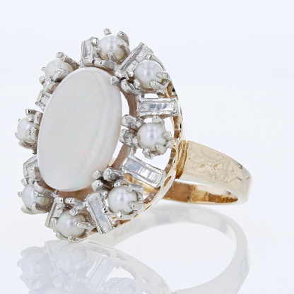 Vintage 14K Yellow Gold Oval Opal & Seed Pearl Halo Cocktail / Anniversary Ring (Copy) - Image 2