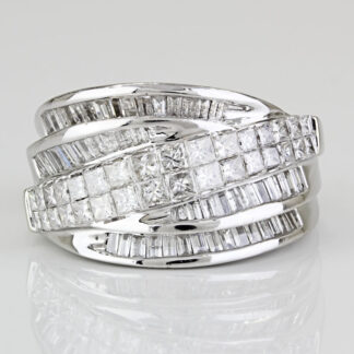 14k White Gold Princess and Baguette Diamond Cocktail Ring Band