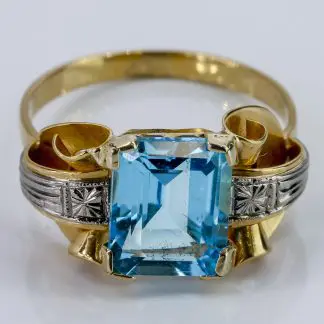 18k Yellow & White Gold Swiss Blue Topaz Art Deco Cocktail Anniversary Ring