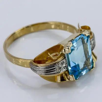 18k Yellow & White Gold Swiss Blue Topaz Art Deco Cocktail Anniversary Ring - Image 8