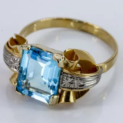 18k Yellow & White Gold Swiss Blue Topaz Art Deco Cocktail Anniversary Ring - Image 2