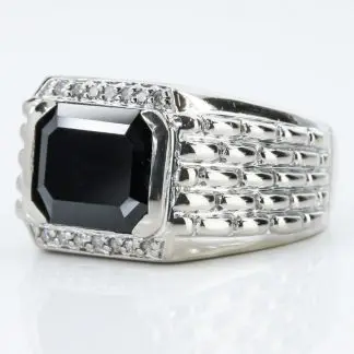 Men's 10K White Gold with Emerald Cut Onyx + Diamond Cocktail Ring