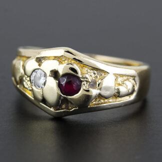 Vintage 14k Yellow Gold Nugget Diamond & Ruby Band Ring