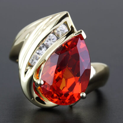 10k Yellow Gold Teardrop Orange & CZ Cubic Zirconia Gemstone Ring