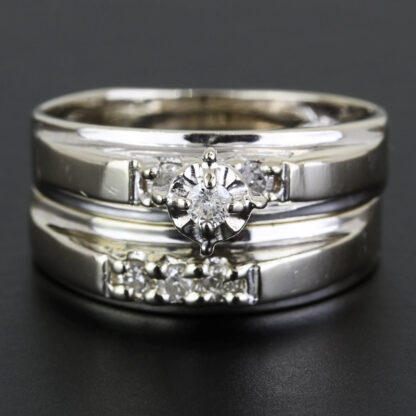 Vintage 14k White Gold & Diamond Bridal Wedding Band Engagement Ring Set - Image 12