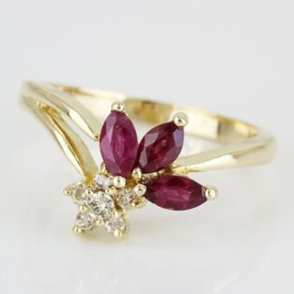 14k Yellow Gold Diamond & Marquise Ruby Flower Ring