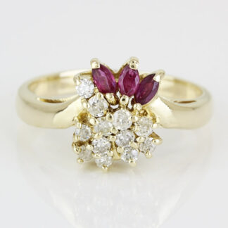 Vintage 14K Yellow Gold & Ruby Diamond Cluster Anniversary Cocktail Ring