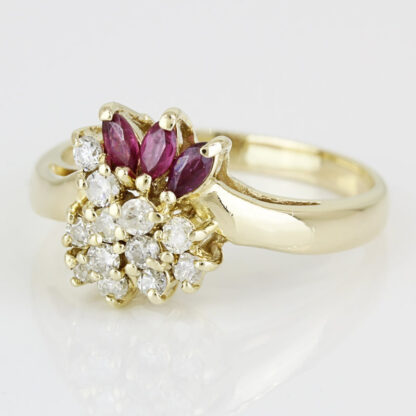 Vintage 14K Yellow Gold & Ruby Diamond Cluster Anniversary Cocktail Ring - Image 2