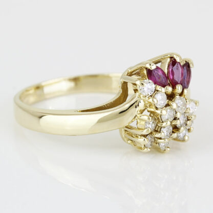 Vintage 14K Yellow Gold & Ruby Diamond Cluster Anniversary Cocktail Ring - Image 3