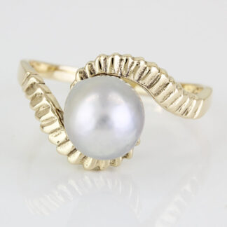 Vintage 10k Yellow Gold Grey Pearl Guilloché Ring by Crosby