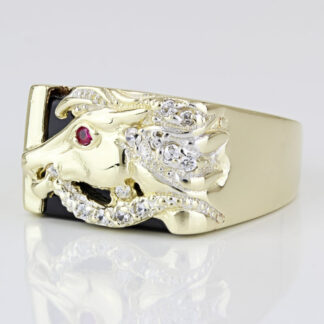 Vintage 14K Two-Tone Gold Onyx, Ruby, & CZ Horse Head Ring