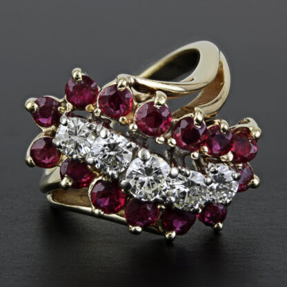 14k Yellow Gold Diamond and Ruby Wedding Anniversary Cocktail Ring