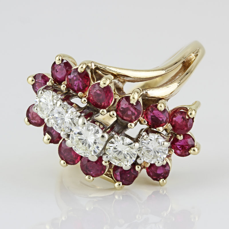 14k Yellow Gold Diamond and Ruby Wedding Anniversary Cocktail Ring