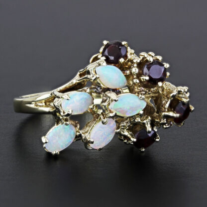 Vintage 14k Yellow Gold Opal & Garnet Branch & Flower Cocktail Ring - Image 6