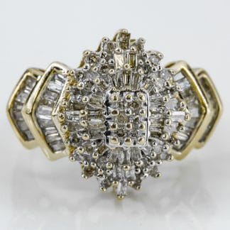 Vintage 10k Yellow Gold Baguette & Round Diamond Cluster Cocktail Ring