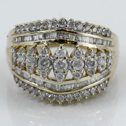 10k Yellow Gold Round & Baguette Diamond Cocktail / Anniversary Band Ring