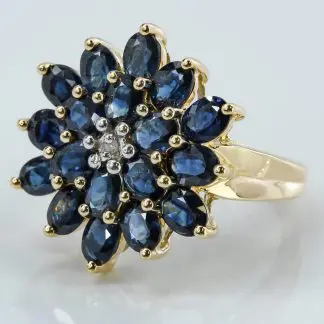 Vintage 14k Yellow Gold Sapphire and Diamond Flower Cocktail Statement Ring