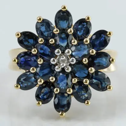 Vintage 14k Yellow Gold Sapphire and Diamond Flower Cocktail Statement Ring - Image 2