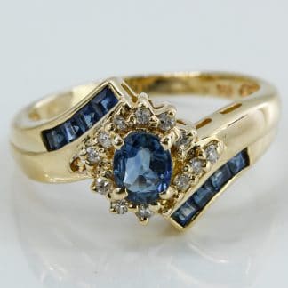 14k Yellow Gold Blue Oval Sapphire and Diamond Anniversary Cocktail Ring