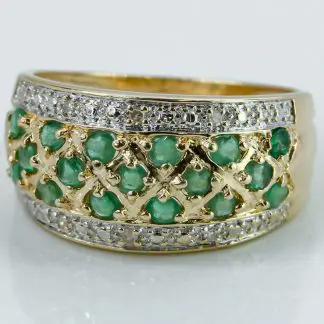 14k Yellow Gold Emerald and Diamond Wedding Anniversary Band Cocktail Ring