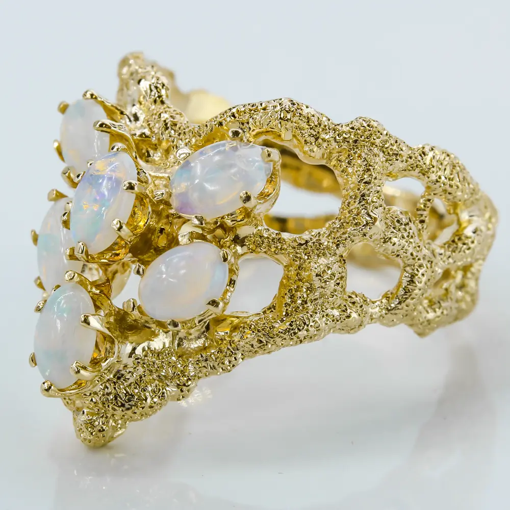 Vintage 14k Yellow Gold Cheveron Nugget and Opal Cocktail / Anniversary Ring  - A&V Pawn