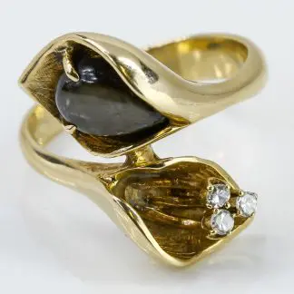 Vintage 14k Yellow Gold Calla Lily Black Sapphire & Diamond Cocktail Ring