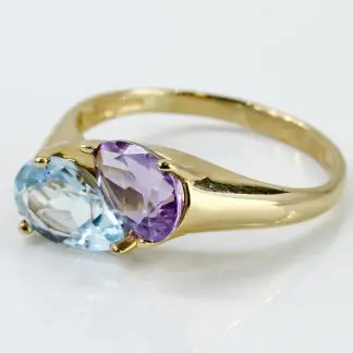 14k Yellow Gold Pear Purple Amethyst & Blue Simulated Topaz Anniversary Ring