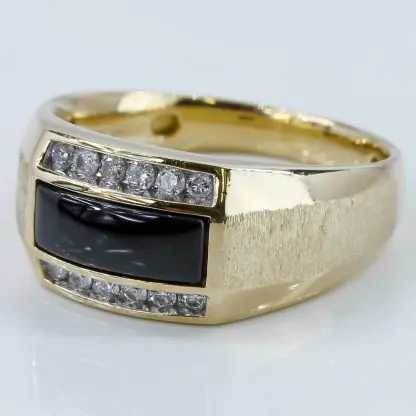 10k Yellow Gold Diamond & Onyx Brushed Band Ring