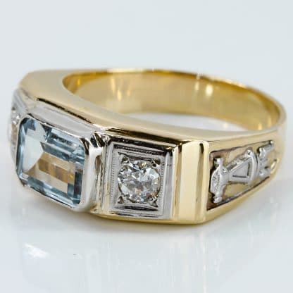 Vintage 18k Two-Tone White & Yellow Gold Topaz & Diamond Men's Ring - Image 2