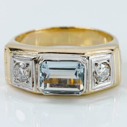 Vintage 18k Two-Tone White & Yellow Gold Topaz & Diamond Men's Ring