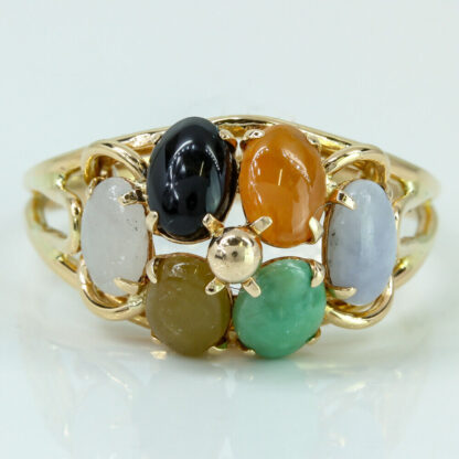 Vintage 14k Yellow Gold Assorted Cabochon Jade Stones Cocktail Ring