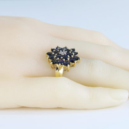 Vintage 14k Yellow Gold Sapphire and Diamond Flower Cocktail Statement Ring - Image 5