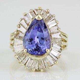 18k Yellow Gold Pear Tanzanite and Baguette Diamond Cocktail Ring