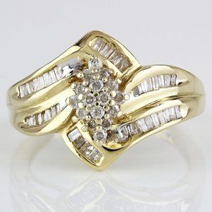 10k Yellow Gold Round and Baguette Diamond Cluster Ring