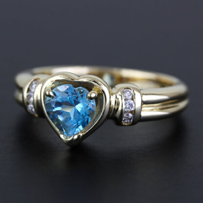 14k Yellow Gold Blue Topaz Heart Gemstone & Diamond Ring