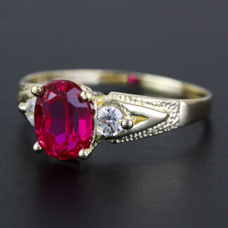 14k Yellow Gold Oval Red Stone & CZ Cubic Zirconia Solitaire Ring