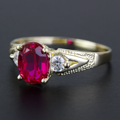 14k Yellow Gold Oval Red Stone & CZ Cubic Zirconia Solitaire Ring