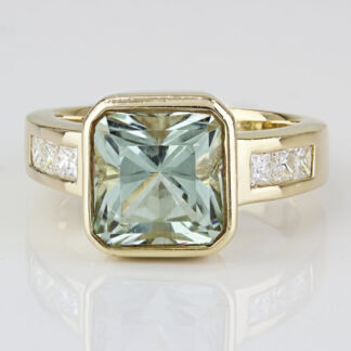 14k Yellow Gold Aquamarine Gemstone Princess Diamond Cocktail Anniversary Ring