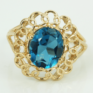 Vintage 10K Gold London Blue Topaz Filagree Anniversary Ring by Clyde Duneier
