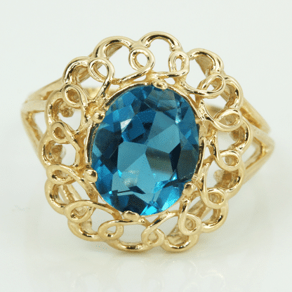 Vintage 10K Gold London Blue Topaz Filagree Anniversary Ring by Clyde Duneier