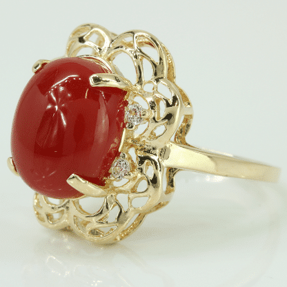 14k Yellow Gold Oval Cabochon Coral & CZ Cubic Zirconia Gemstone Ring - Image 2