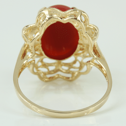 14k Yellow Gold Oval Cabochon Coral & CZ Cubic Zirconia Gemstone Ring - Image 3
