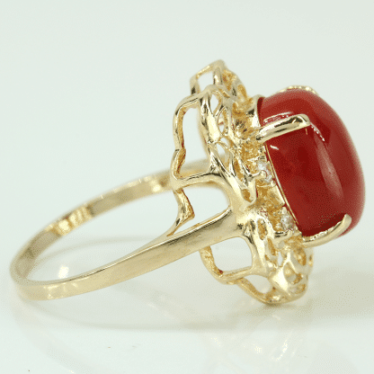 14k Yellow Gold Oval Cabochon Coral & CZ Cubic Zirconia Gemstone Ring - Image 4