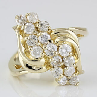 14k Yellow Gold Diamond Cluster Cocktail Waterfall Ring