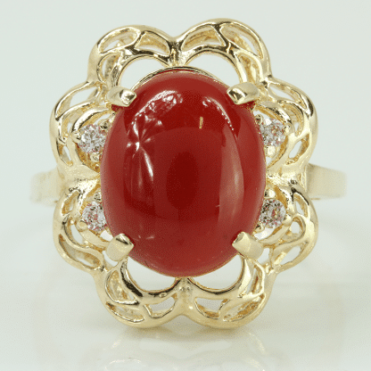 14k Yellow Gold Oval Cabochon Coral & CZ Cubic Zirconia Gemstone Ring