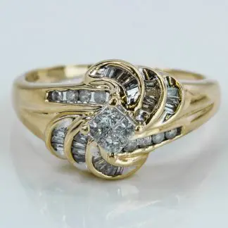 10k Yellow Gold Princess Baguette & Round Diamond Swirl Cocktail Ring