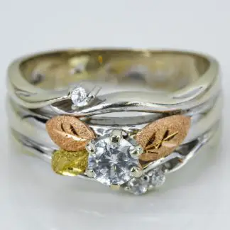 14K Tri-Color Gold and Solitaire CZ Cubic Zirconia Flower with Leaves Ring